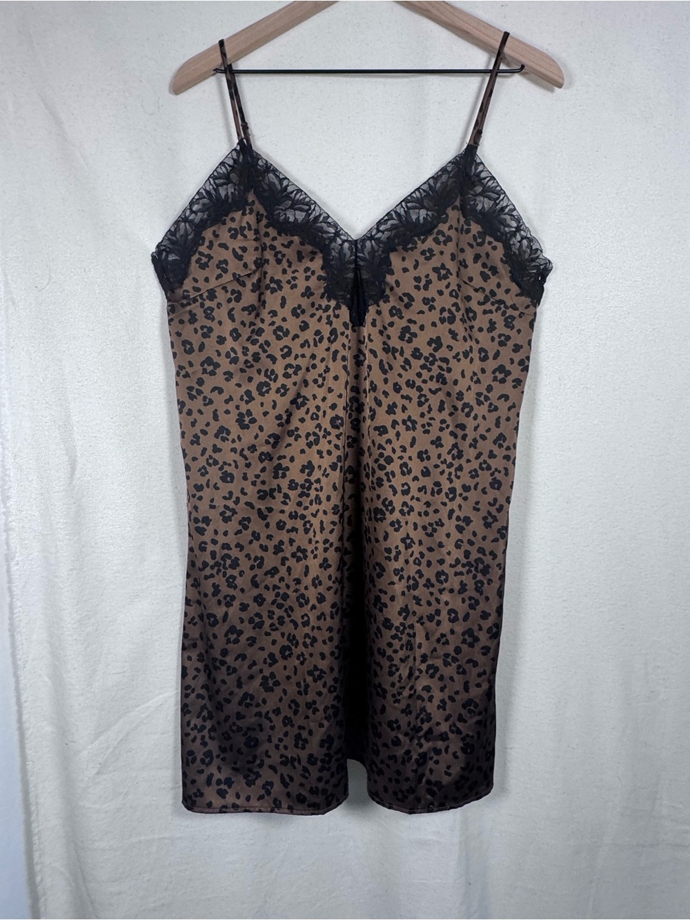 Leopard Lace Trim Satin Slip Dress Chemise Brown/Black Coquette, Vamp, Feminine